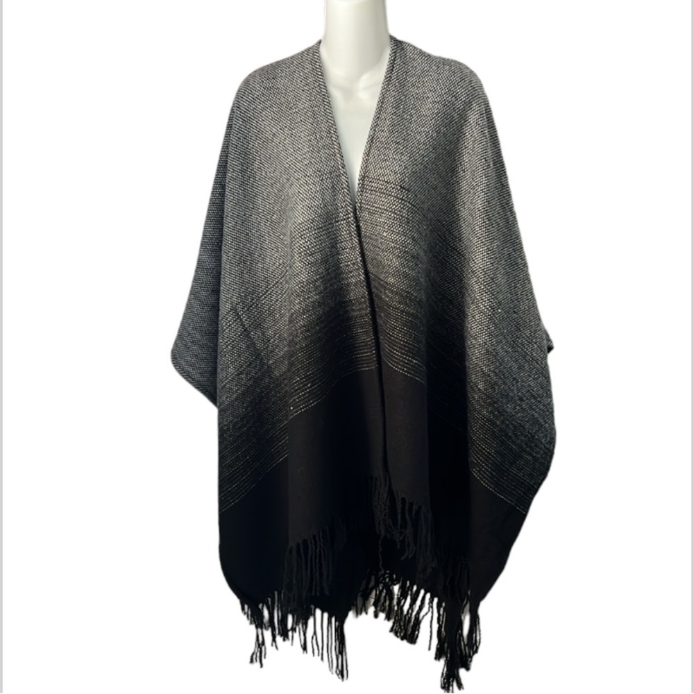 Coldwater Creek Soft & Cozy Black & Gray Fringe Shawl Wrap One Size